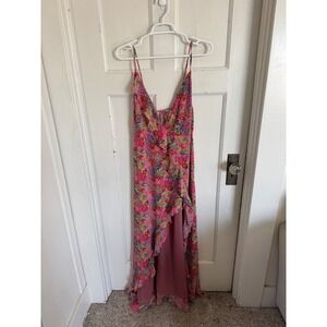 Vici pink colorful floral printed ruffle high low maxi dress size xl